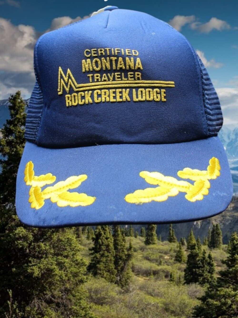 Vintage Rocky Mountain Rock Creek Lodge Montana Hat Cap scrambled eggs Camping